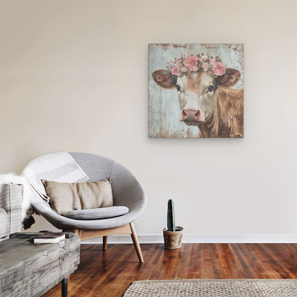 Canvas schilderij kamer Koe met Bloemen op haar Hoofd