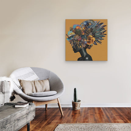Canvas schilderij kamer Het Hoofd van de Vrouw zit Vol Kleurrijke Veren