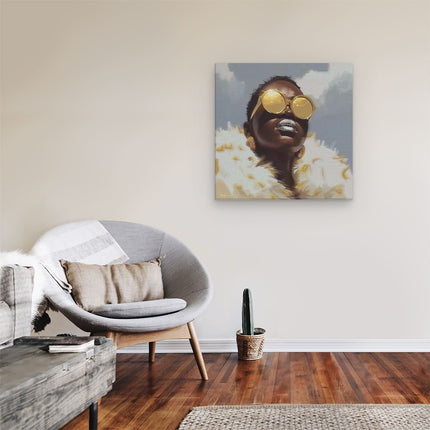 Canvas schilderij kamer Vrouw met Gouden Zonnebril en een Bontjas