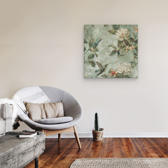 Canvas schilderij kamer Kolibries en Bloemen op een Groene Achtergrond