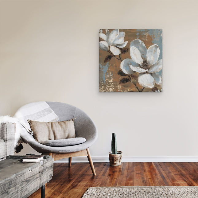 Canvas schilderij kamer Twee Witte Bloemen op een Bruine Achtergrond