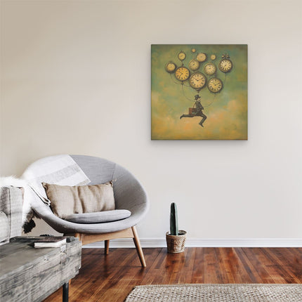 Canvas schilderij kamer De Mens Vliegt door de Lucht met Klokken aan Hem Vastgemaakt