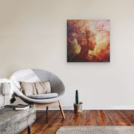 Canvas schilderij kamer Vrouwenhoofd met een Boom op de Achtergrond