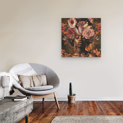 Canvas schilderij kamer Zwarte Vrouw met Bloemen op haar Hoofd