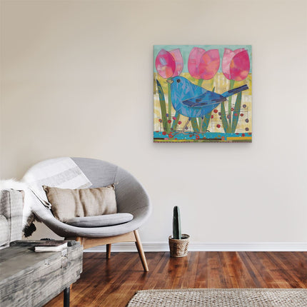 Canvas schilderij kamer Blauwe Vogel met Roze Tulpen