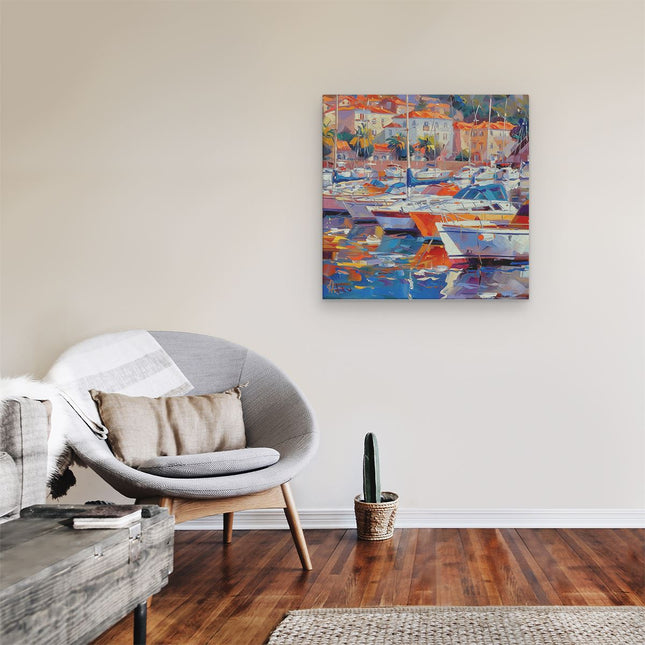 Canvas schilderij kamer Kunstwerk van Boten Aangemeerd in een Haven