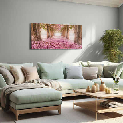 Canvas schilderij woonkamer Romantische Bomen Tunnel Met Roze Anjers