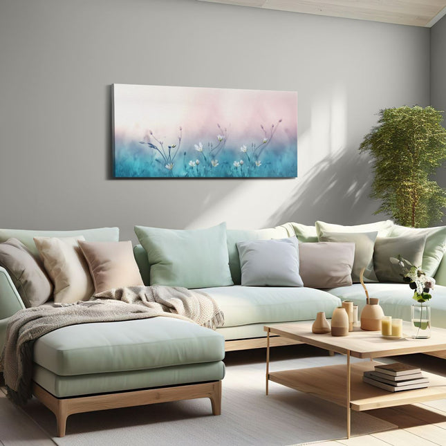 Canvas schilderij woonkamer Witte Bloemen Op Een Blauw Achtergrond