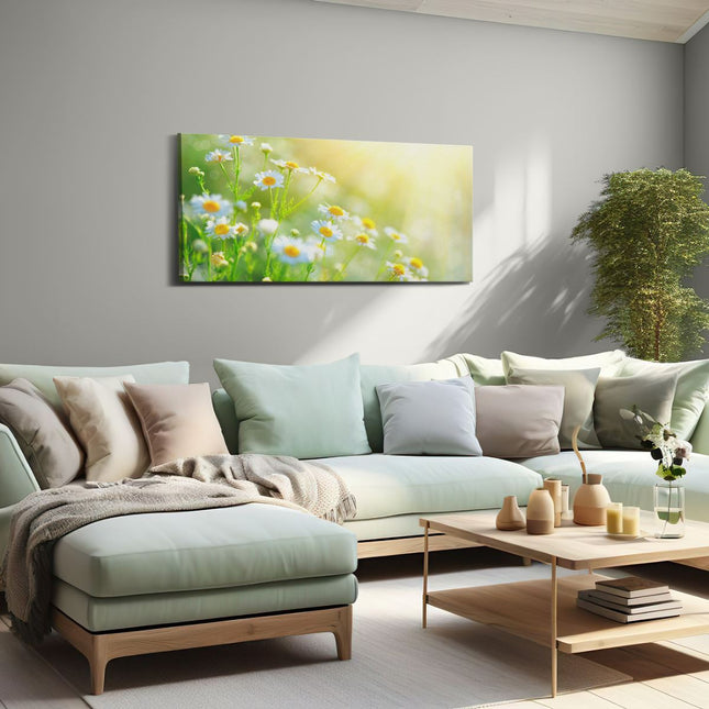 Canvas schilderij woonkamer Witte Kamille Bloemen Met Zonneschijn