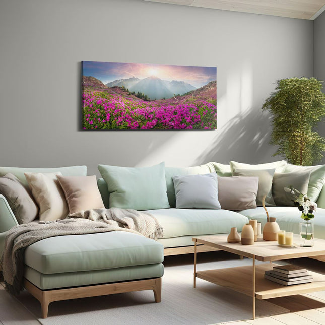 Canvas schilderij woonkamer Rhododendron Bloemenveld In De Alpen