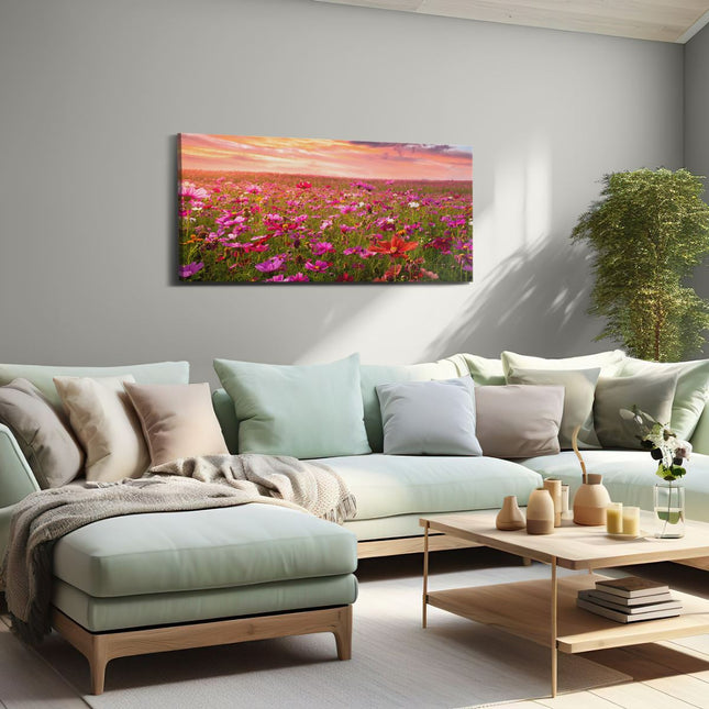 Canvas schilderij woonkamer Kleurrijke Kosmos Bloemenveld