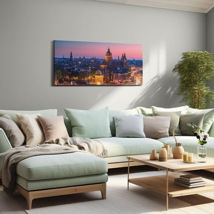 Canvas schilderij woonkamer Amsterdam Skyline Bij Zonsondergang 