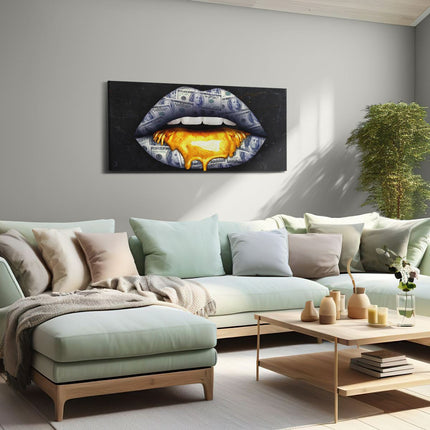 Canvas schilderij woonkamer Dollar Lippen Met Goud