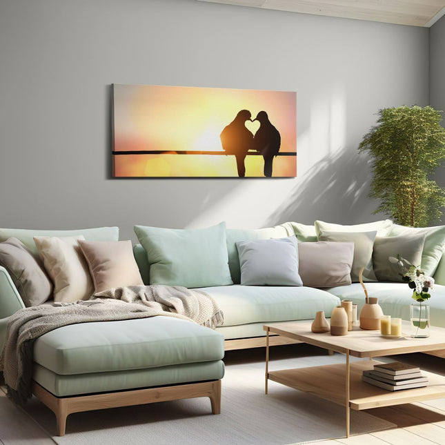 Canvas schilderij woonkamer Twee Silhouet Vogels In Een Hart Vorm