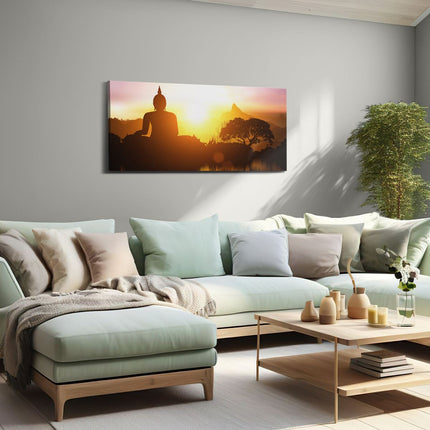 Canvas schilderij woonkamer Silhouet Van Boeddha Beeld Met Zonsondergang