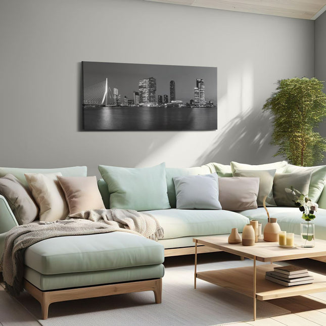 Canvas schilderij woonkamer Rotterdamse Skyline - Zwart Wit