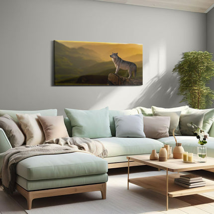 Canvas schilderij woonkamer Wolf Op Een Rots Met Een Heuvel Landschap
