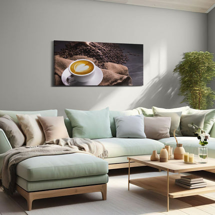 Canvas schilderij woonkamer Kopje Koffie In Een Hartje Met Koffiebonen