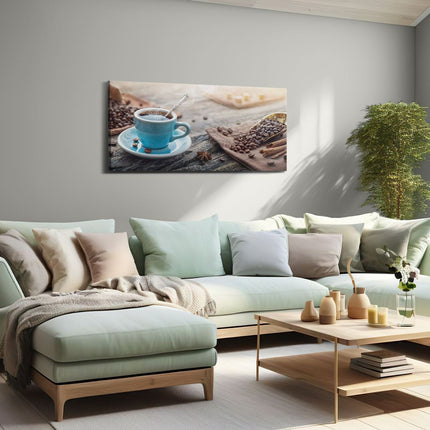 Canvas schilderij woonkamer Blauw Kopje Koffie Met Koffiebonen