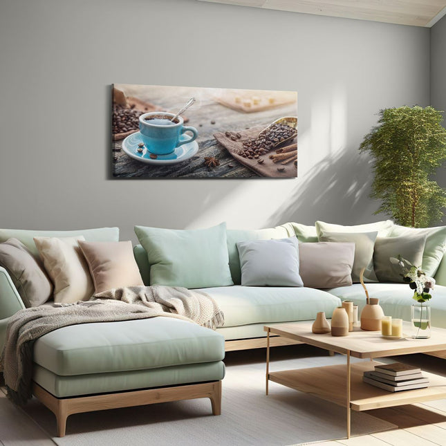 Canvas schilderij woonkamer Blauw Kopje Koffie Met Koffiebonen