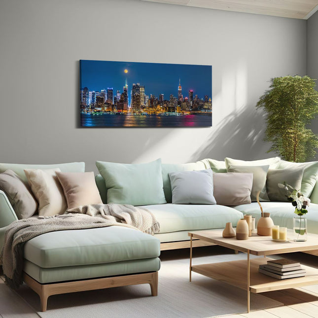 Canvas schilderij woonkamer Verlichte Skyline Van New York Met Volle Maan