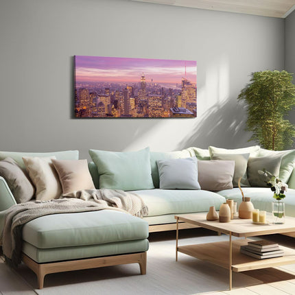 Canvas schilderij woonkamer New York Skyline Met Lichten Bij Zonsondergang