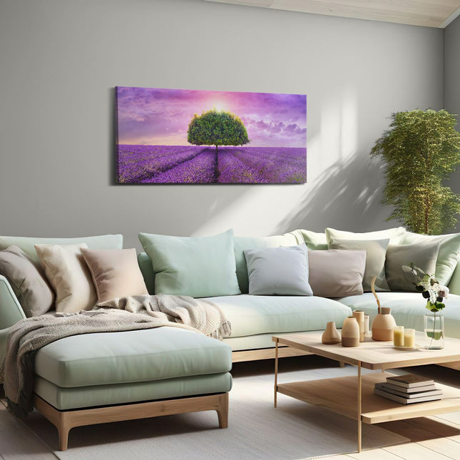 Canvas schilderij woonkamer Groene Boom In De Lavendel Bloemen
