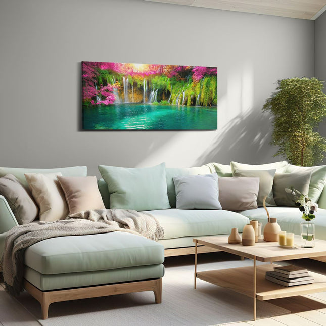 Canvas schilderij woonkamer Waterval Met Roze En Groene Bloemen