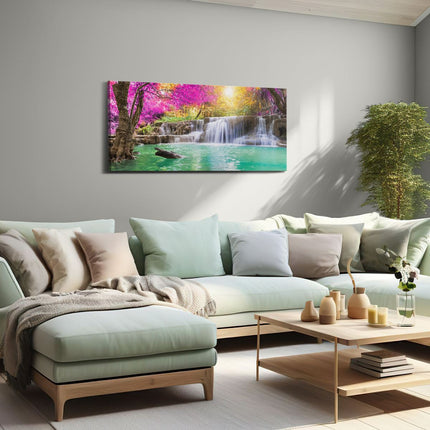 Canvas schilderij woonkamer Waterval Met Groen Water En Roze Bladeren