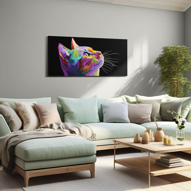 Canvas schilderij woonkamer Kleurrijke Kat Kijkt Naar Boven - Abstract