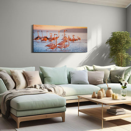 Canvas schilderij woonkamer Kudde Flamingo's in het Water