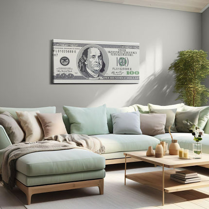 Canvas schilderij woonkamer Geld Dollar Biljet - Briefje van 100 Dollar