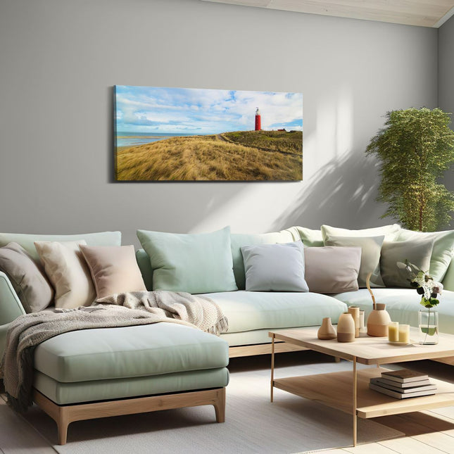 Canvas schilderij woonkamer Vuurtoren met Duinen in Texel