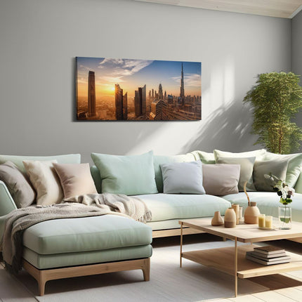 Canvas schilderij woonkamer Dubai Stad bij Zonsopgang