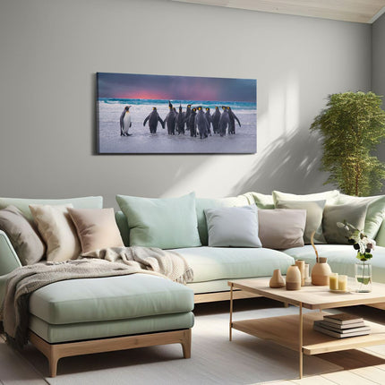 Canvas schilderij woonkamer Groep Pinguïns bij het Water - Kudde