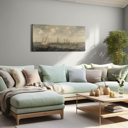 Canvas schilderij woonkamer De Hollandse Haringvloot onder Zeil - Cornelis Beelt