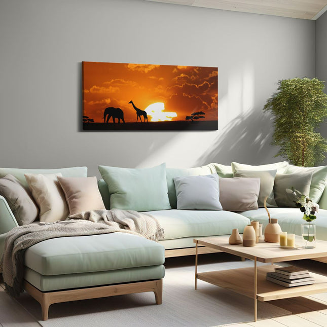 Canvas schilderij woonkamer Afrikaaanse Dieren bij Zonsondergang