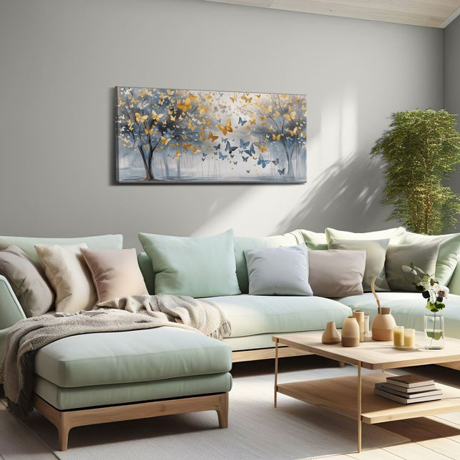 Canvas schilderij woonkamer Kunstwerk van Vlinders die over Bomen Vliegen