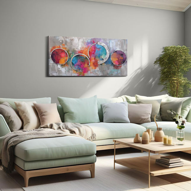 Canvas schilderij woonkamer Kunstwerk met Kleurrijke Cirkels op een Grijze Achtergrond