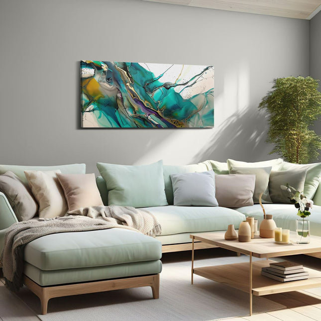 Canvas schilderij woonkamer Abstract Kunstwerk met Blauwe, Groene en Gele Kleuren