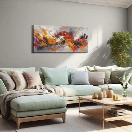 Canvas schilderij woonkamer Abstract Kunstwerk met Oranje, Gele en Zwarte Kleuren