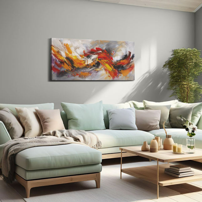 Canvas schilderij woonkamer Abstract Kunstwerk met Oranje, Gele en Zwarte Kleuren