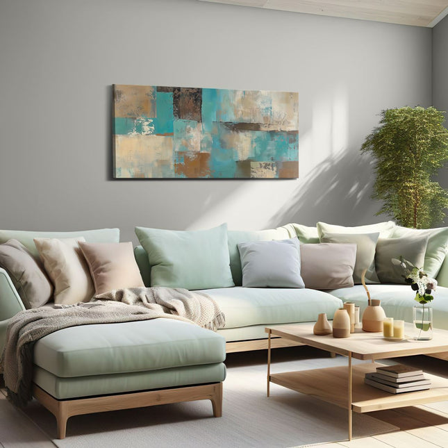 Canvas schilderij woonkamer Abstract Kunstwerk met Blauwe, Bruine en Bruine Kleuren