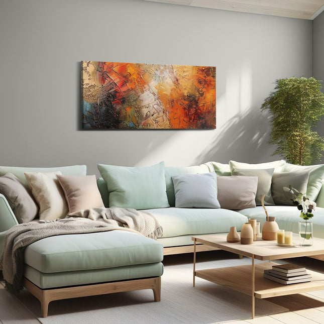 Canvas schilderij woonkamer Abstract Kunstwerk met Oranje, Zwarte en Witte Kleuren