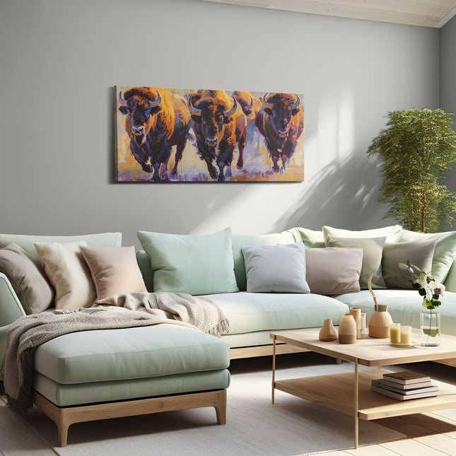 Canvas schilderij woonkamer Kunstwerk van een Groep Rennende Bizons