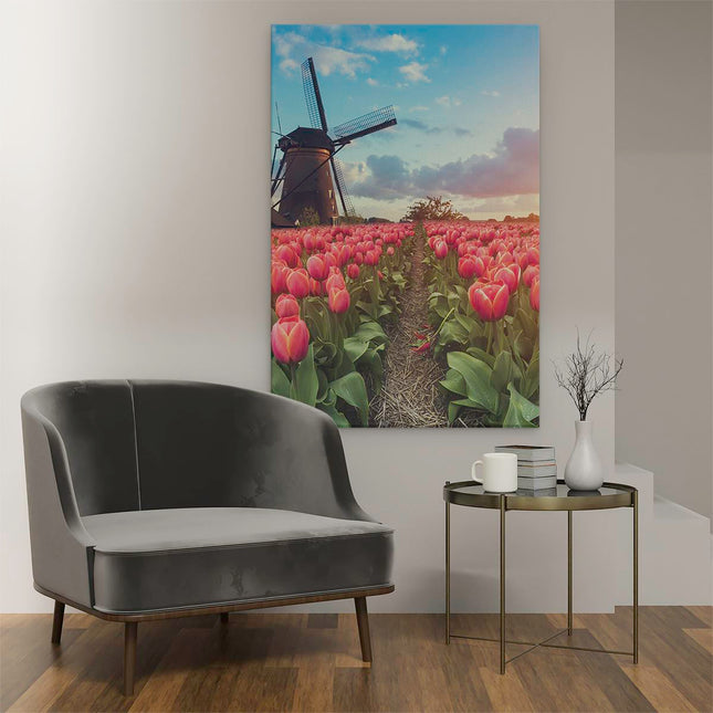 Canvas schilderij interieur Roze Tulpen Bloemenveld - Met Windmolen