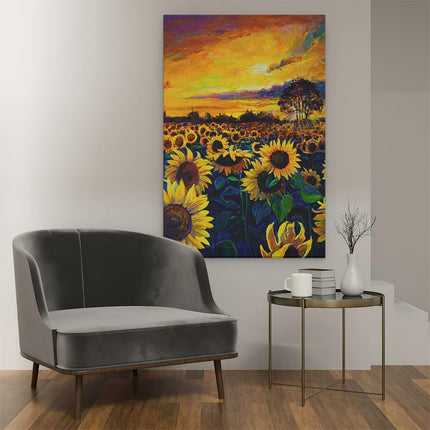 Canvas schilderij interieur Getekende Zonnebloemen Veld Met Olieverf