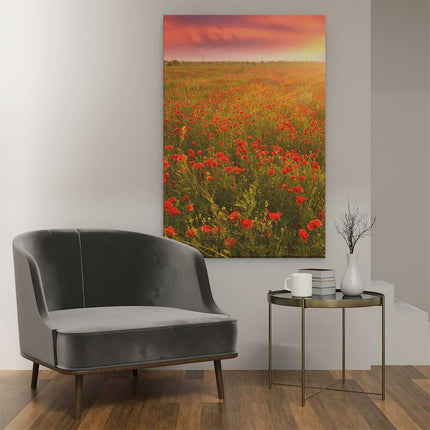 Canvas schilderij interieur Rode Klaproos Bloemenveld - Zonsondergang