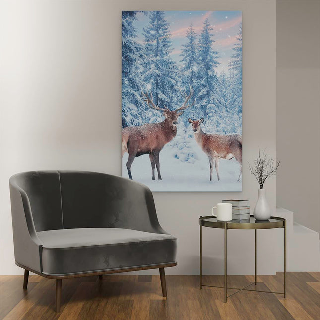 Canvas schilderij interieur Twee Herten In Het Bos Met Sneeuw