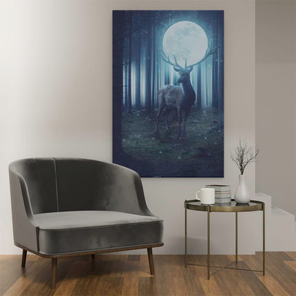 Canvas schilderij interieur Hert In Het Bos Tijdens Volle Maan